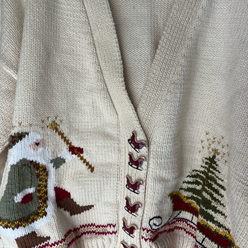 Vintage 80s Christmas Knit Sweater Sleigh Buttons Santa Cardigan Women’s Large - Picture 4 of 5